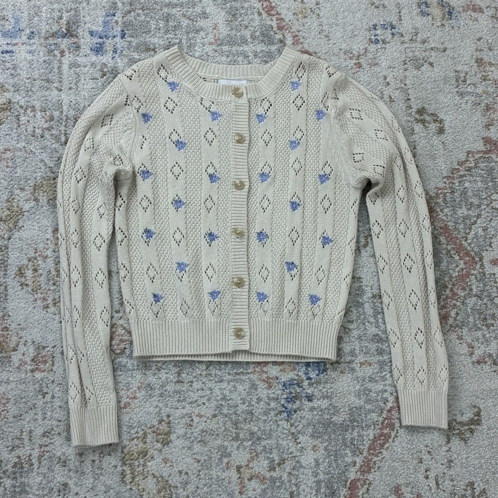 Embroidered Blue Floral Cottagecore Pink Rose Pointelle Cream Cardigan Size M